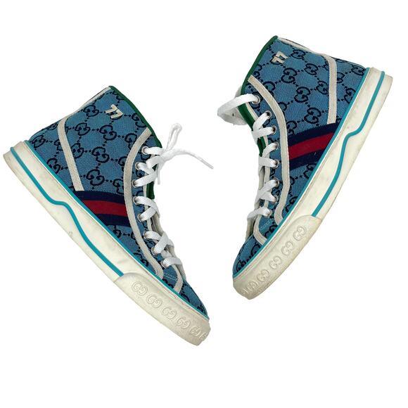 Gucci Tennis 1977 High Top Sneakers Turquoise Navy Logo Monogram Size 37 - Picture 6 of 11